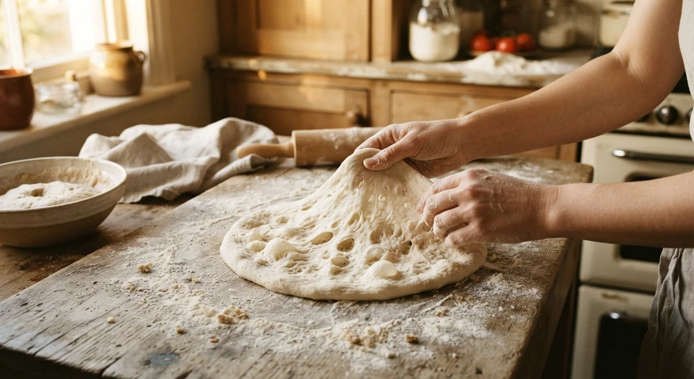 Wide shot of hands stretching a round of sourdough discard pizza dough on a floured wooden board, visible air bubbles in the dough, rustic kitchen setting, warm afternoon light, homemade pizza-making documentary photography.