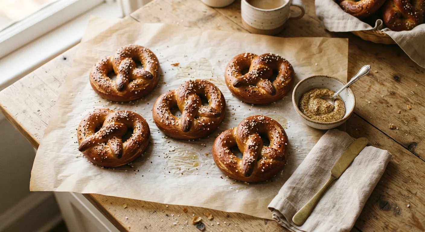 Overhead shot of golden brown soft pretzels made from sourdough discard, coarse salt sprinkled on top, resting on parchment paper, a small bowl of mustard nearby, warm kitchen lighting, homemade snack photography.