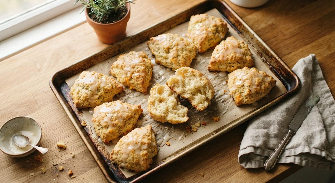 Overhead shot of golden sourdough discard scones on a rustic baking sheet, one broken open showing a tender crumb, a light glaze drizzled on top, warm morning light, cozy homestyle bakery photography.