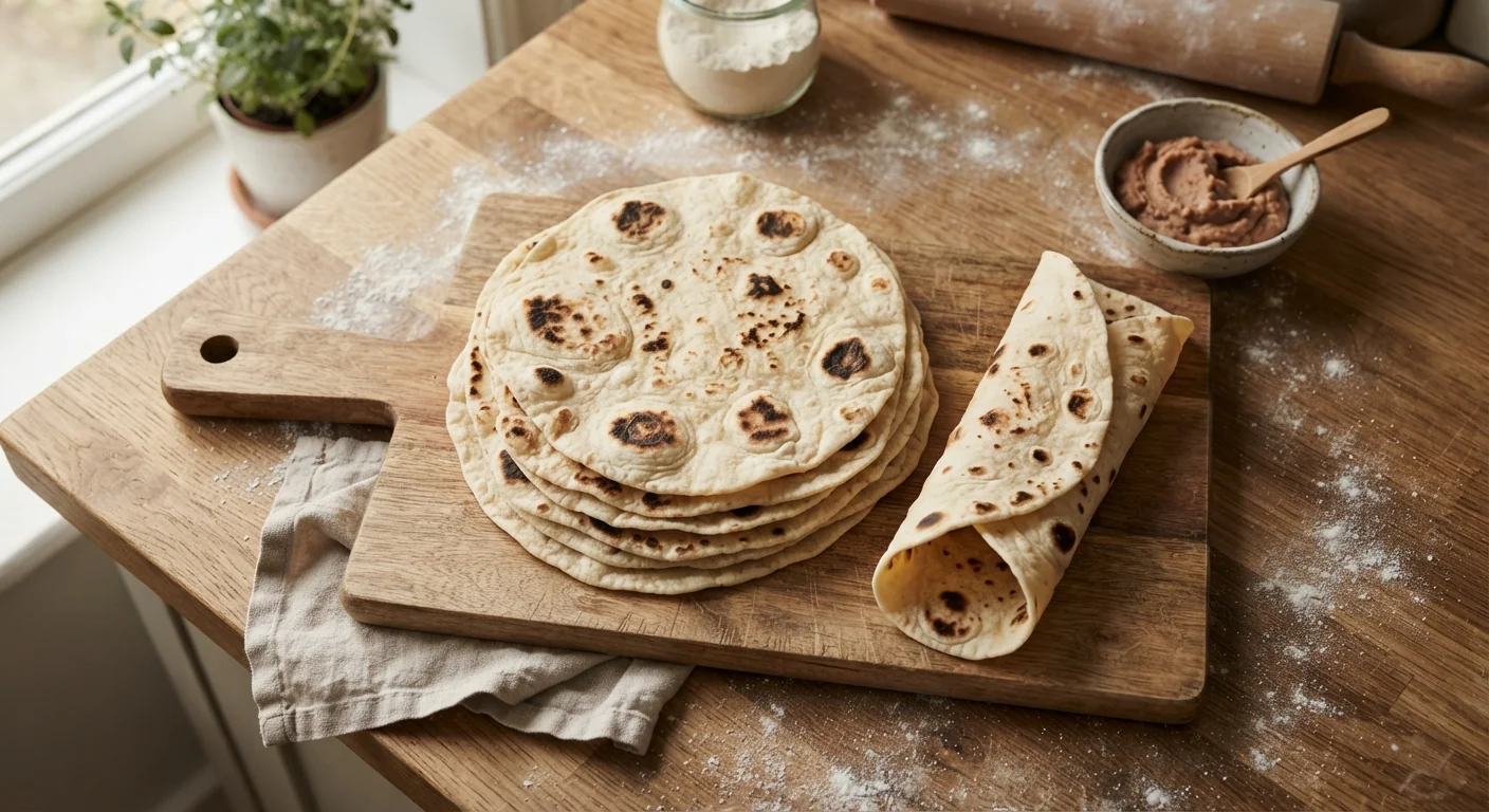 Overhead shot of a stack of soft, slightly charred homemade sourdough discard tortillas on a wooden board, one rolled to show flexibility, natural kitchen light, simple homestyle food photography composition.