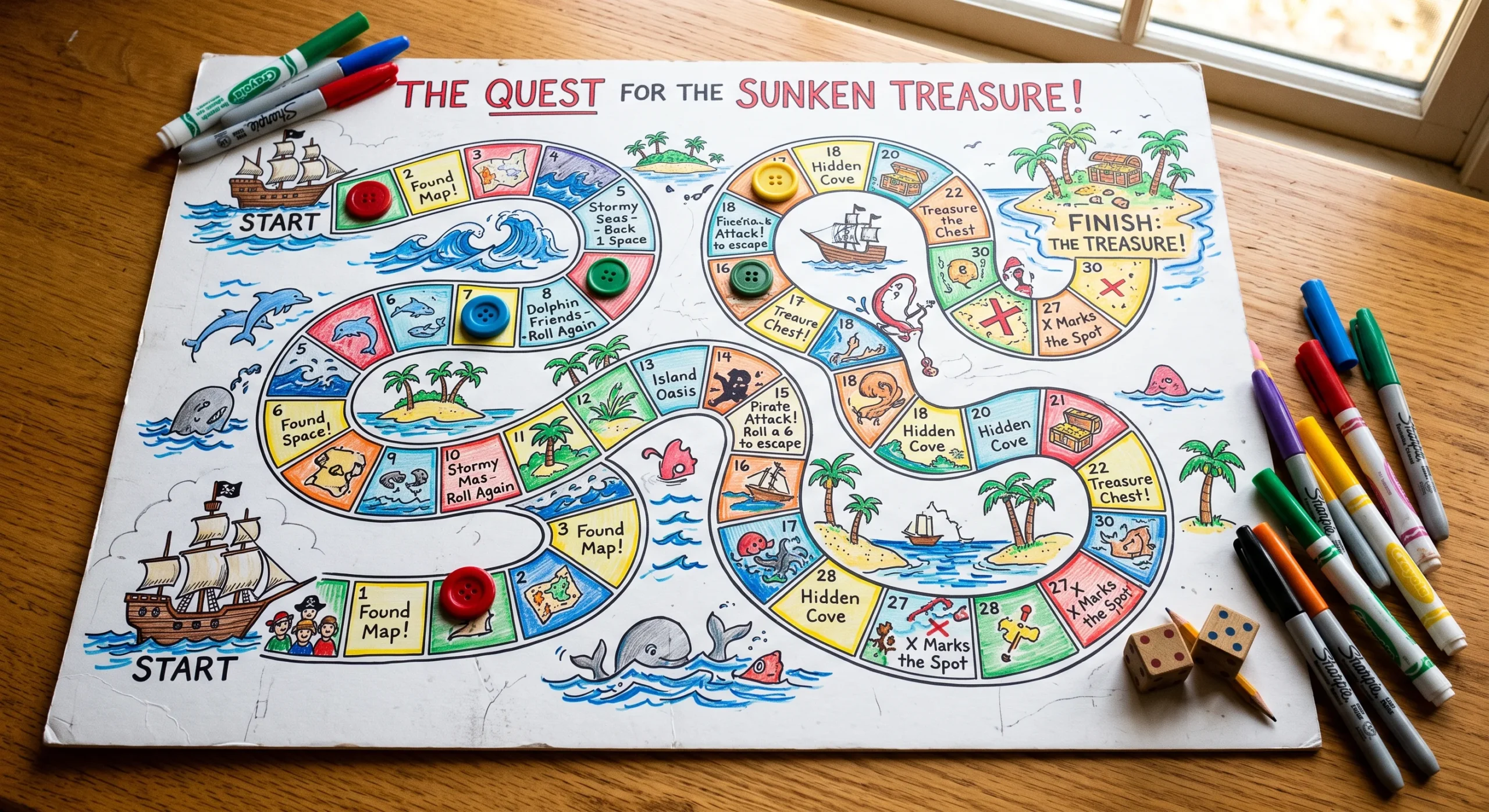 A homemade board game drawn on poster board with hand-illustrated spaces and a small collection of button game pieces, colored markers scattered nearby, warm tabletop light, close overhead shot showing the game's handmade detail.