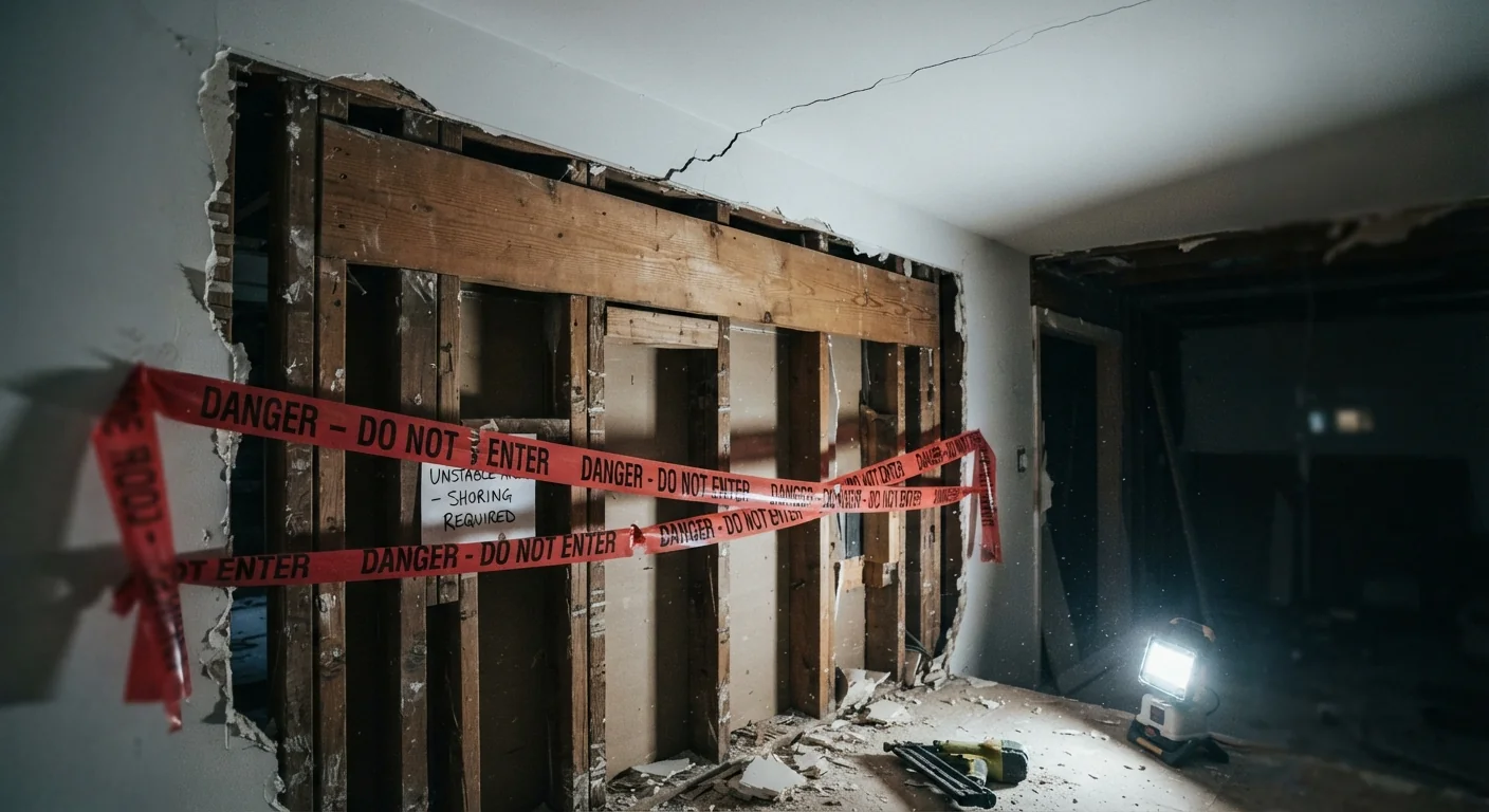 Close-up shot of a partially demolished interior wall with exposed framing and a visible crack running up the adjacent ceiling, warning tape draped across the opening, dim cautionary lighting, documentary safety-focused photography.