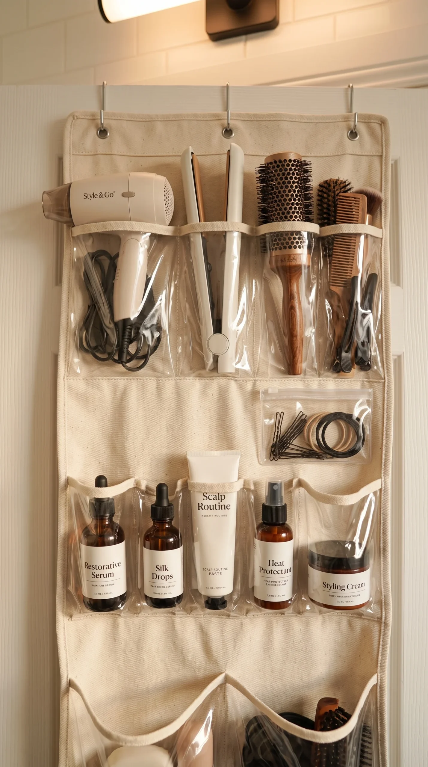 A canvas over-door organizer with clear pockets hanging on the back of a bathroom door, filled with hair tools and toiletries, warm indoor light, close vertical composition emphasizing pocket detail.