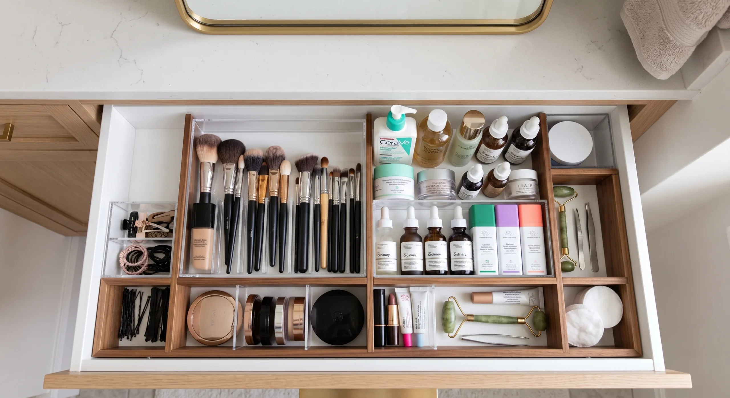 An open vanity drawer fitted with divider trays organizing makeup brushes, skincare bottles, and hair accessories into separate compartments, soft overhead light, close top-down shot emphasizing the organized grid layout.