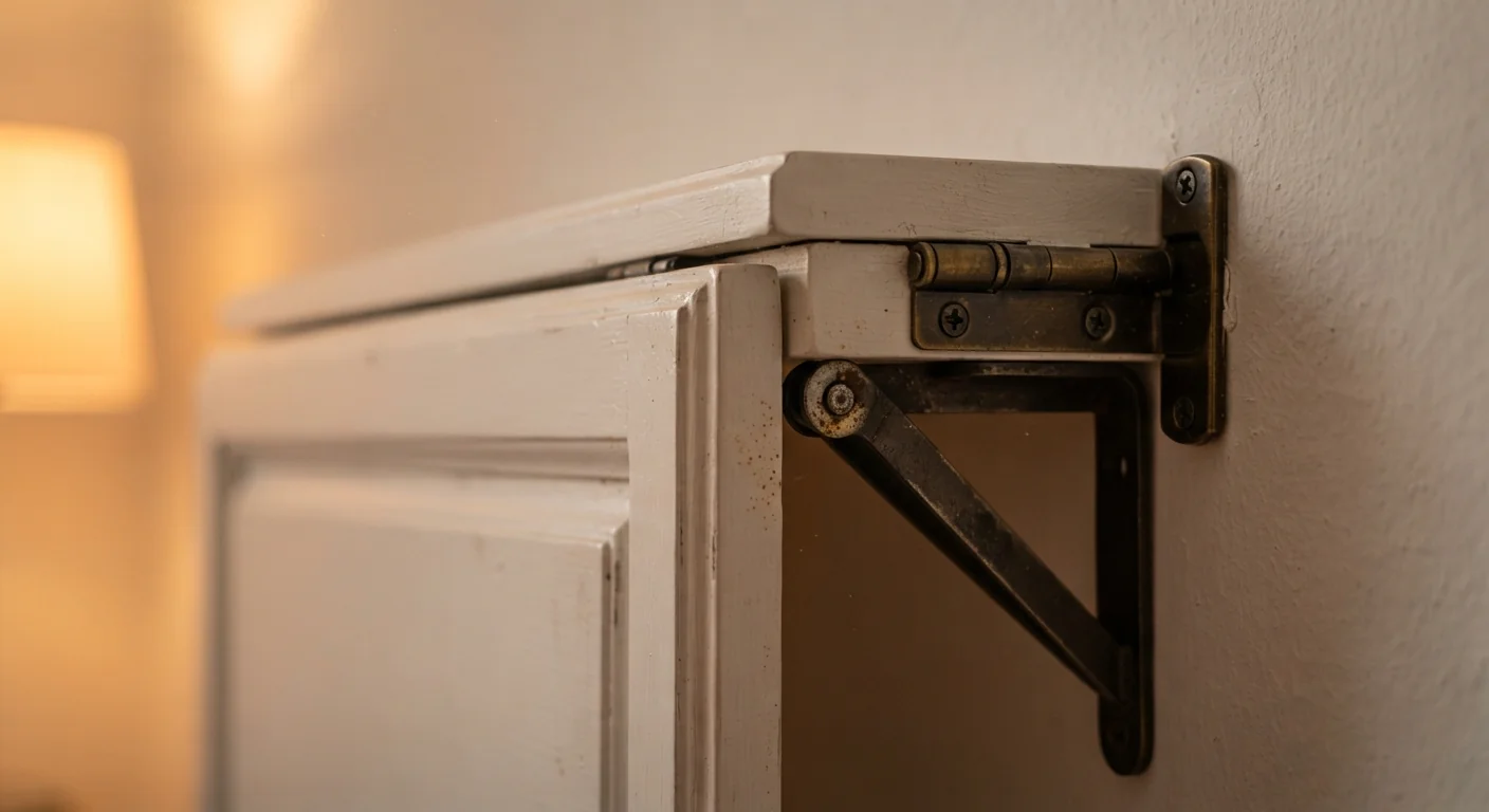 Close-up macro shot of a drop-leaf wall table folded flat against the wall, its hinge and bracket visible, warm lamp light casting a soft glow across the painted wood surface.