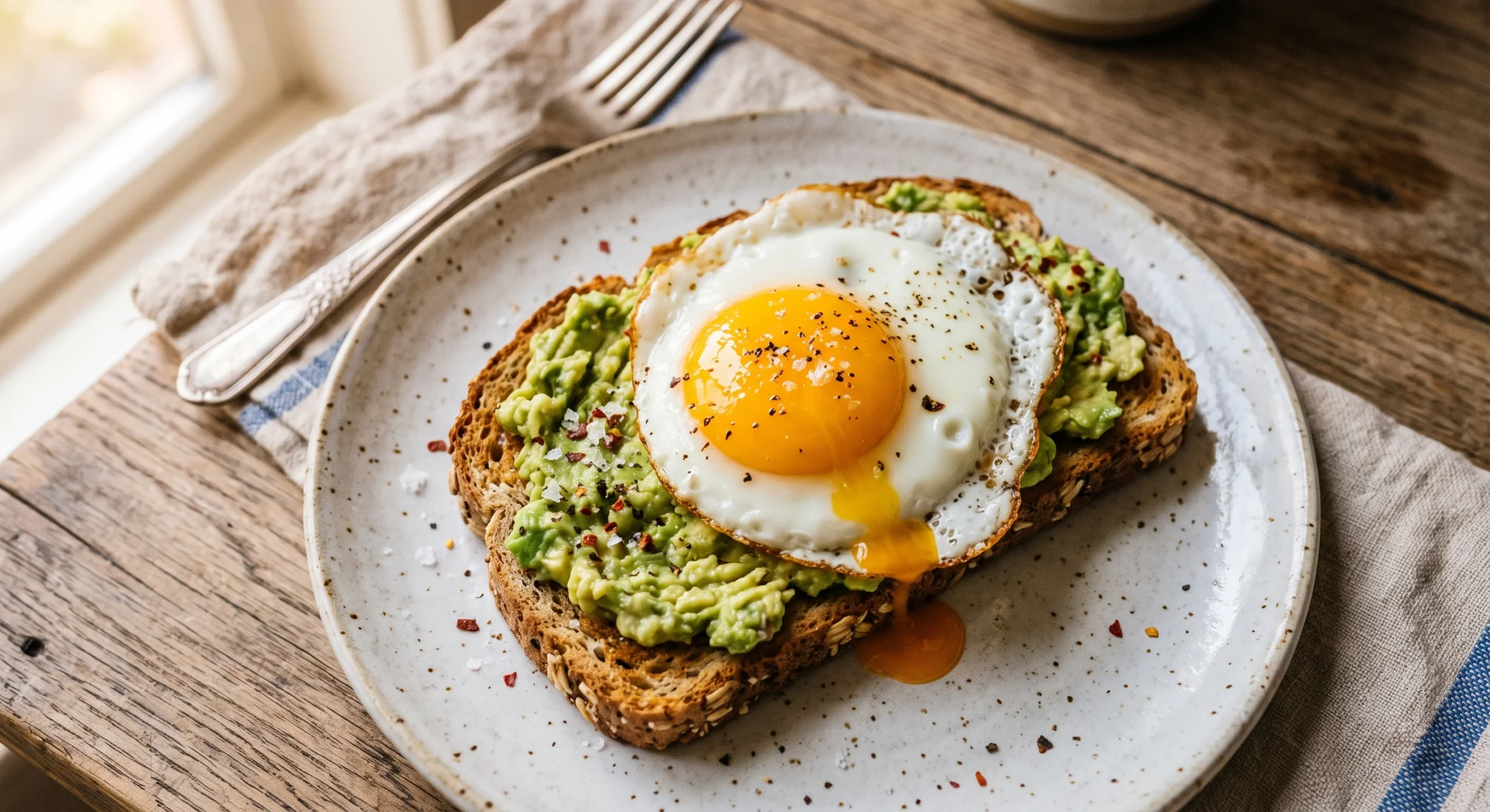 A slice of whole grain toast topped with mashed avocado and a fried egg with a runny yolk, warm natural morning light, close overhead composition emphasizing texture and color.