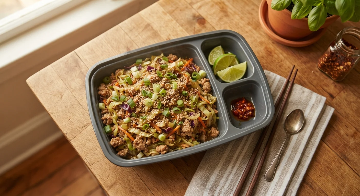 Overhead shot of an egg roll bowl meal prep container with ground pork, shredded cabbage, carrots, and green onion stir-fried together, sesame seeds on top, warm kitchen light, casual homestyle Asian food photography.