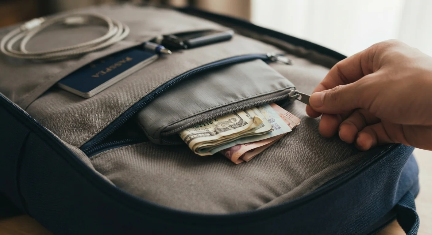 Close-up of a small hidden travel pouch with folded emergency cash tucked inside a backpack's interior pocket, soft indoor lighting, neutral fabric texture, candid practical travel-prep composition with no faces visible.