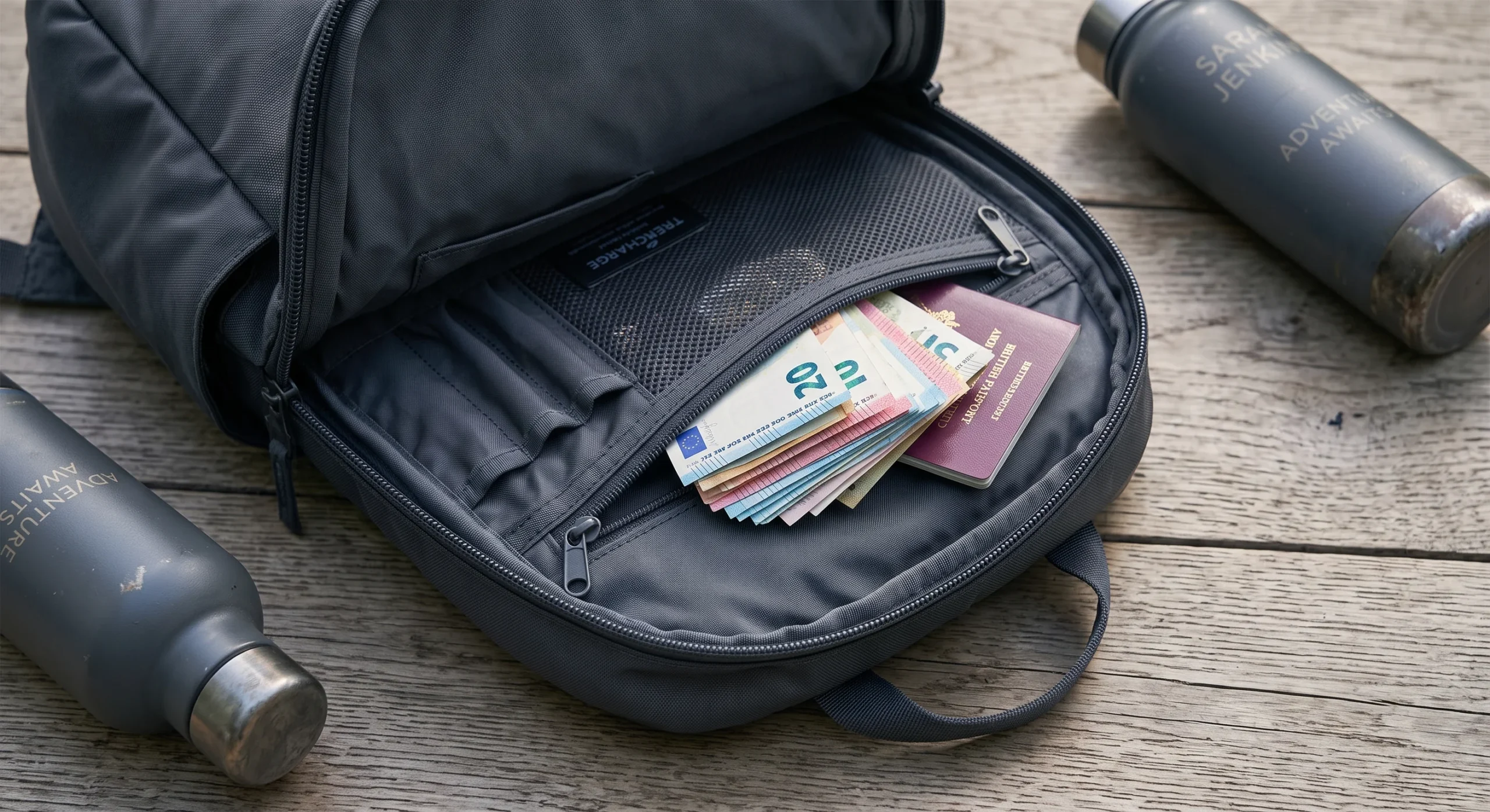 A small folded stack of euro banknotes tucked into a zippered inner pocket of an open daypack, soft natural light, a passport corner visible nearby, discreet practical close-up composition.