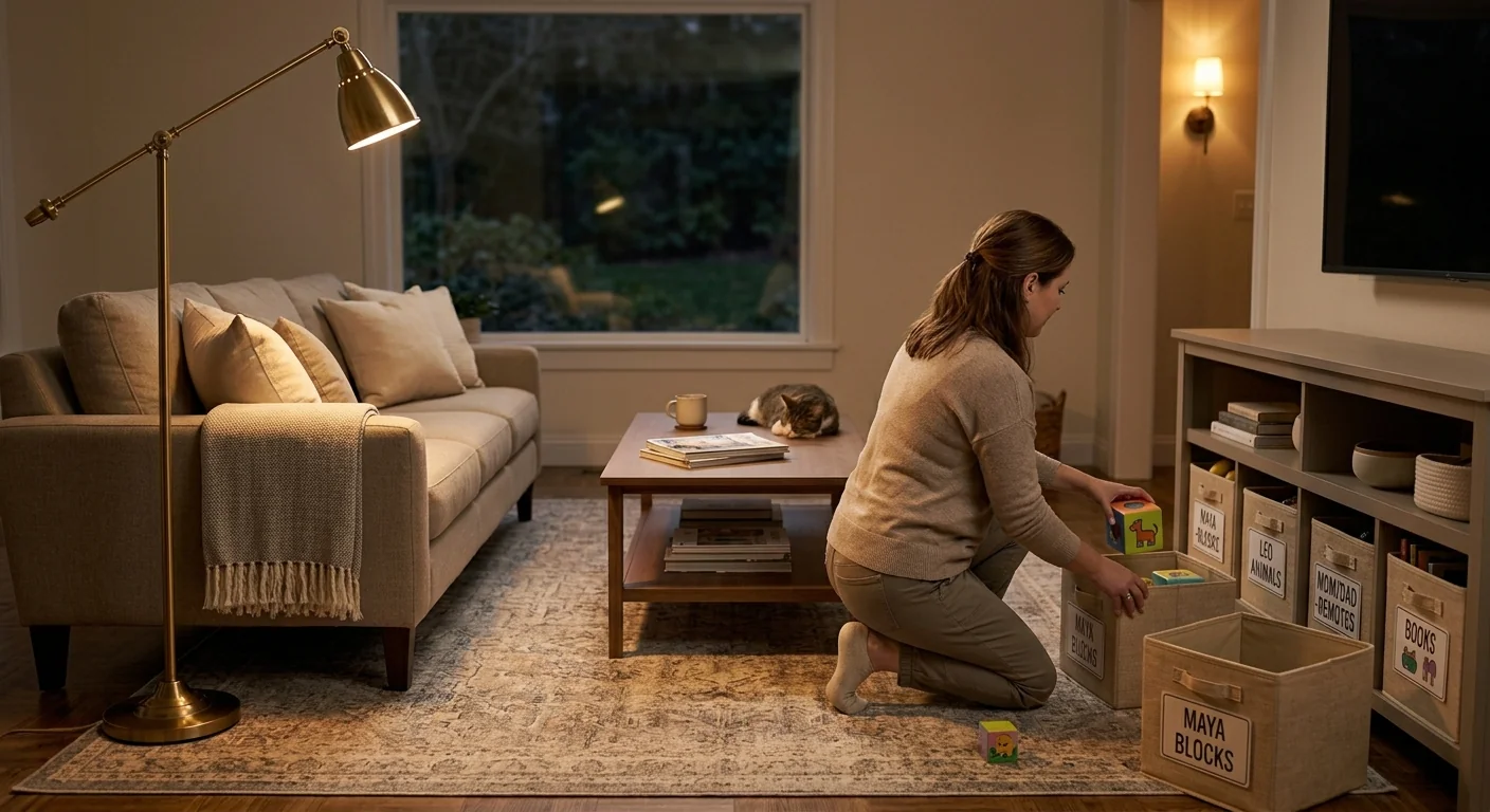 A tidy living room being reset for the next morning, a parent placing the last toy into a labeled bin under soft evening lamp light, wide shot emphasizing the calm, completed reset.