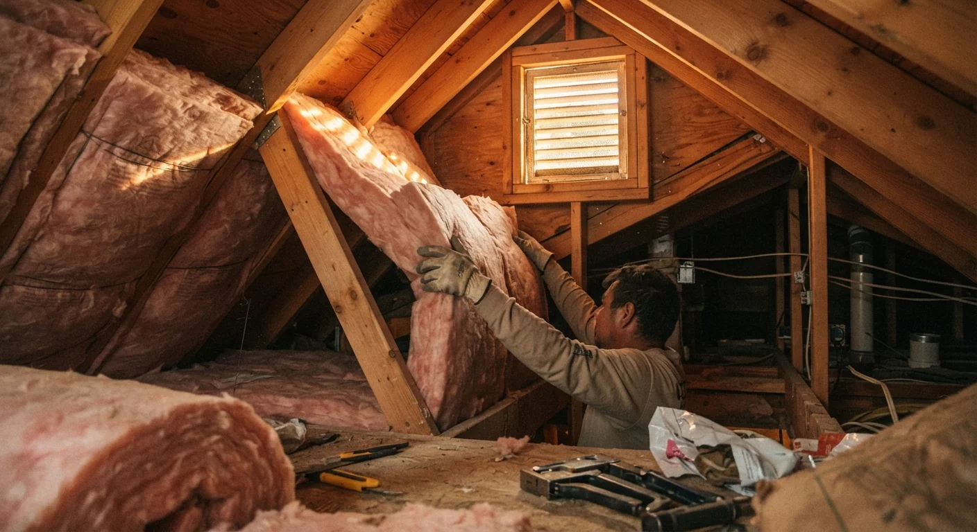 Close-up photograph of attic insulation being installed beneath a roofline, warm afternoon light through a small vent opening, visible insulation batting and wood framing, practical home-improvement documentary photography style.