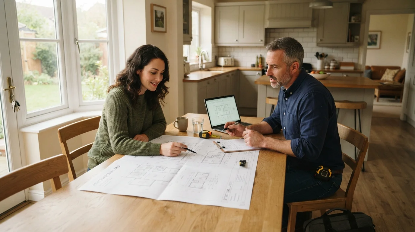 Wide shot of a homeowner and structural engineer reviewing renovation plans together at a kitchen table, blueprints and a laptop visible, warm natural window light, collaborative professional consultation photography composition.