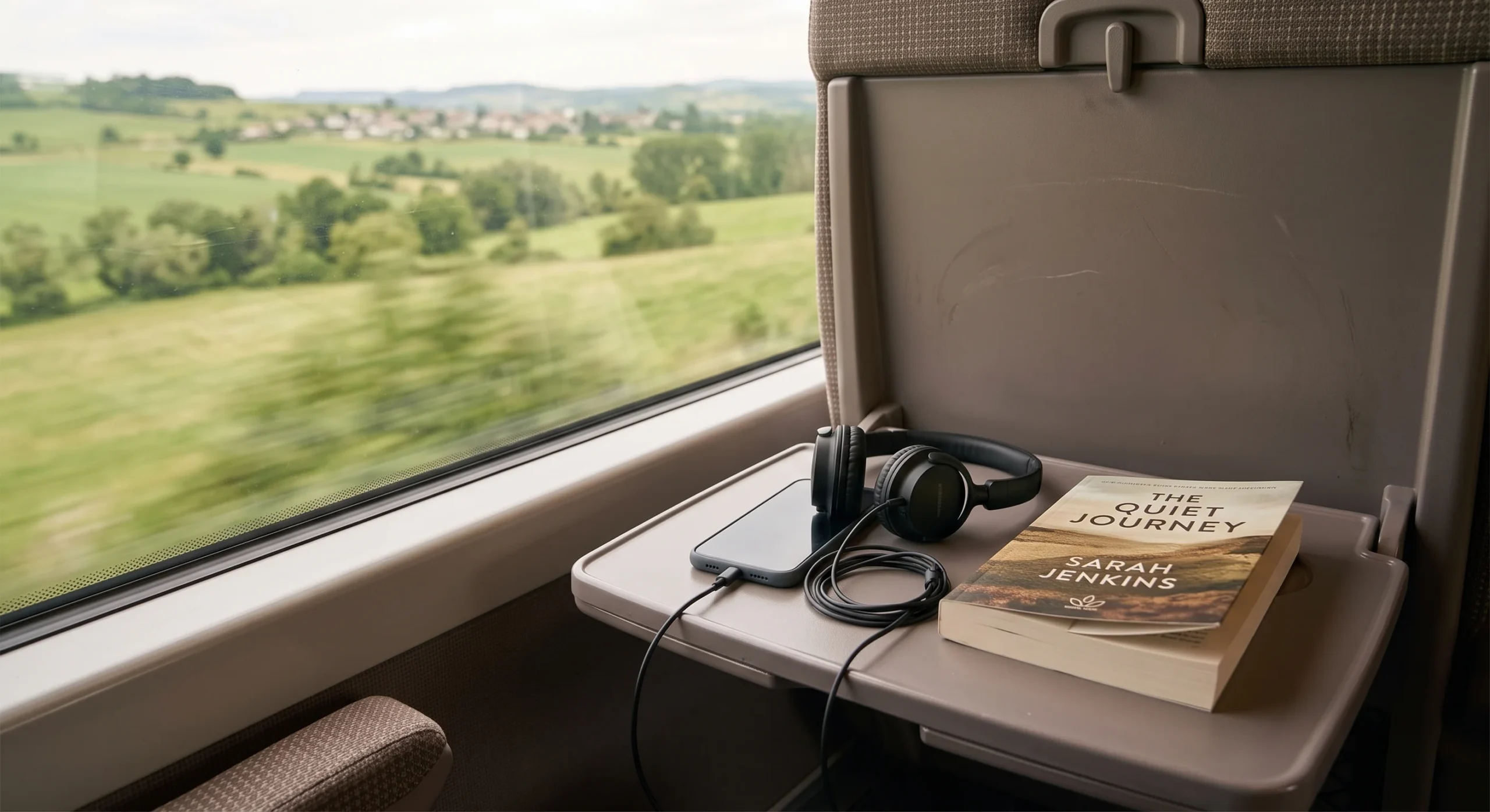 A smartphone with headphones resting on a fold-down train tray table, a paperback book beside it, blurred green countryside passing outside the window, soft daylight, candid in-transit lifestyle composition.