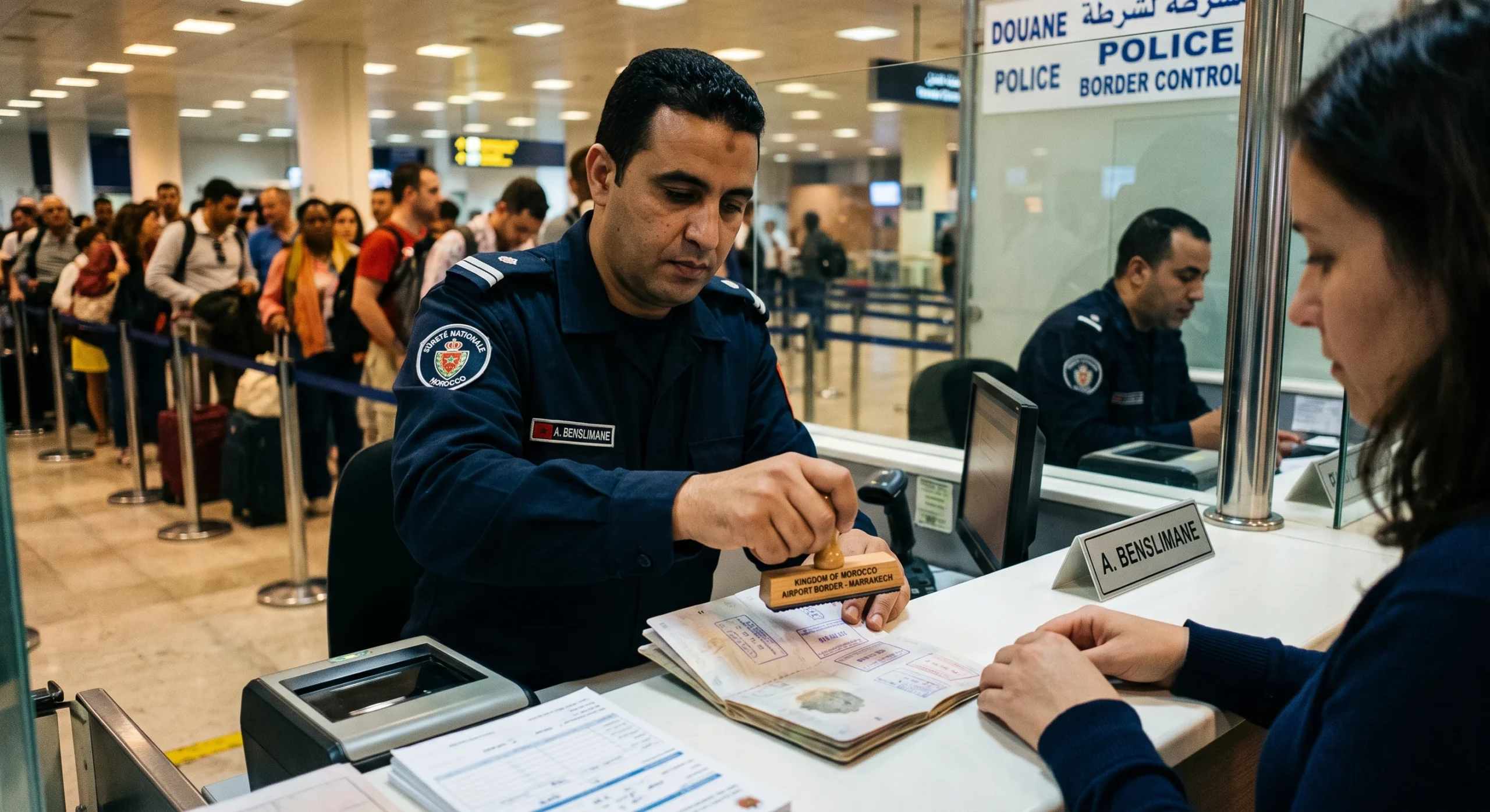 Close-up of an immigration officer stamping a passport at a Moroccan airport border checkpoint, soft fluorescent terminal lighting, a queue of travelers blurred in the background, documentary travel photography style.