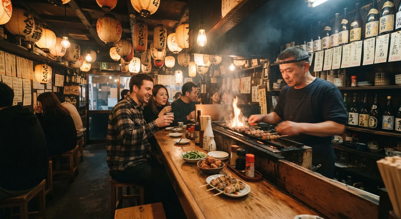 Warm interior shot of a small izakaya bar with wooden counter seating, skewers grilling behind the counter, paper lanterns hanging overhead, a few plates of small dishes on the counter, cozy amber lighting, candid unstaged composition.