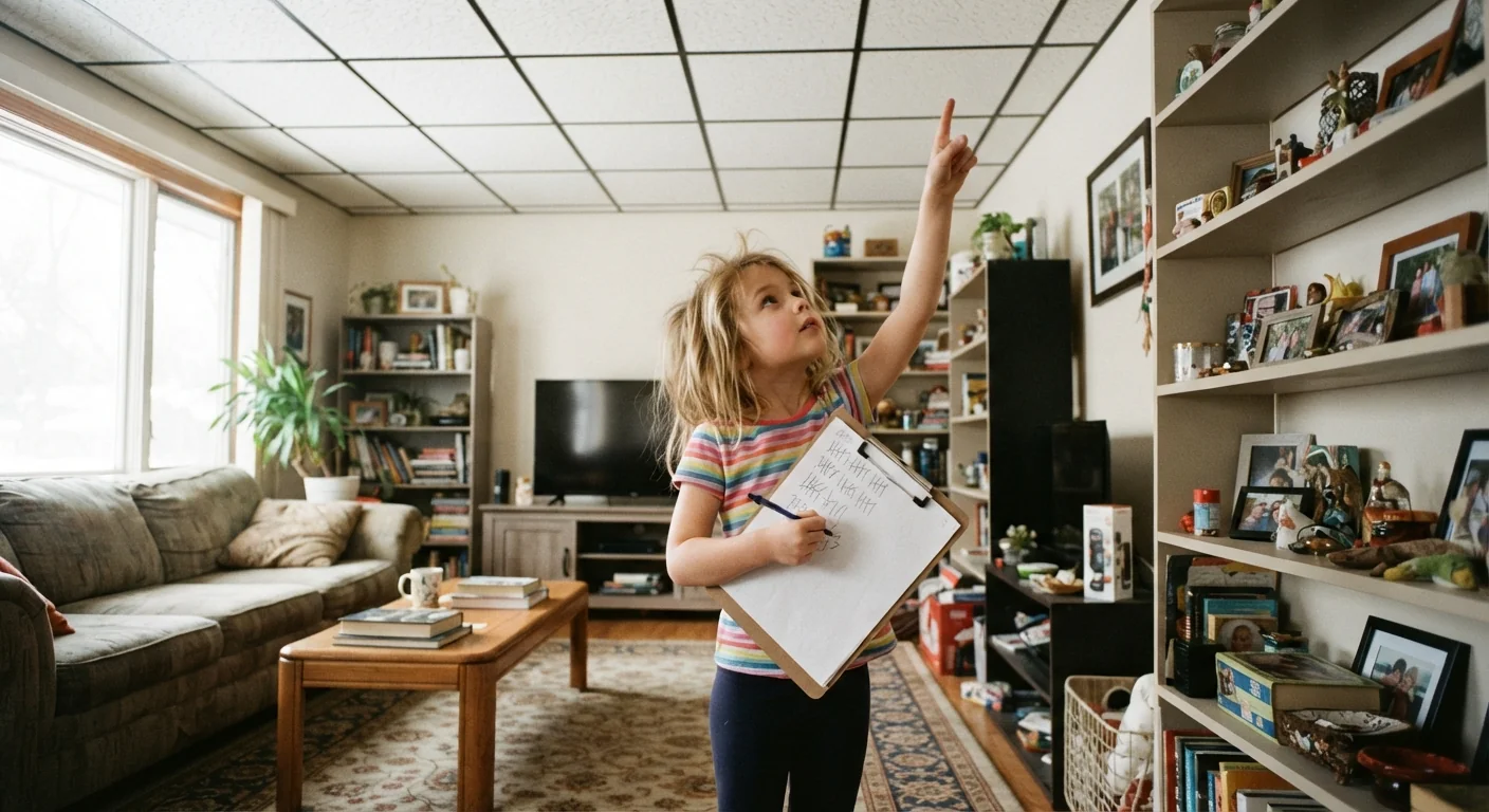 A child holding a clipboard counting ceiling tiles and shelf items around a living room, natural daylight, wide shot capturing the playful hunt happening in an ordinary room.