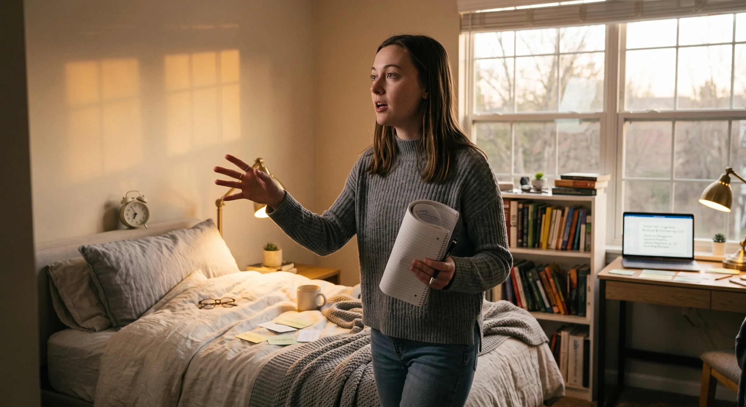 A student pacing slowly in a bedroom while gesturing and speaking aloud to an empty room, notes held loosely in one hand, warm evening light, wide shot emphasizing the movement and vocal engagement.