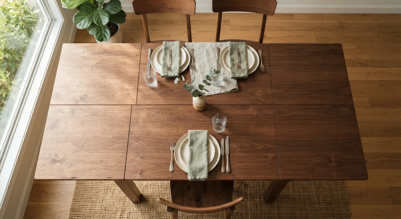 Overhead flat-lay of an extendable dining table shown half-collapsed for daily use, place settings on the narrow section, natural window light casting soft shadows across the wood grain surface.