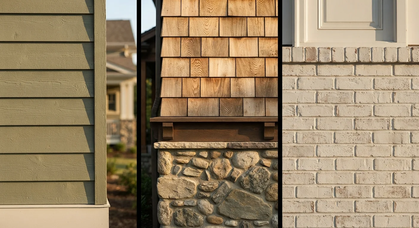 Textured close-up comparison of three exterior wall materials: painted horizontal wood siding on a ranch wall, natural stone and wood shingle siding on a Craftsman wall, and painted brick on a Colonial wall, warm natural light emphasizing each material's distinct texture, editorial architectural detail photography.