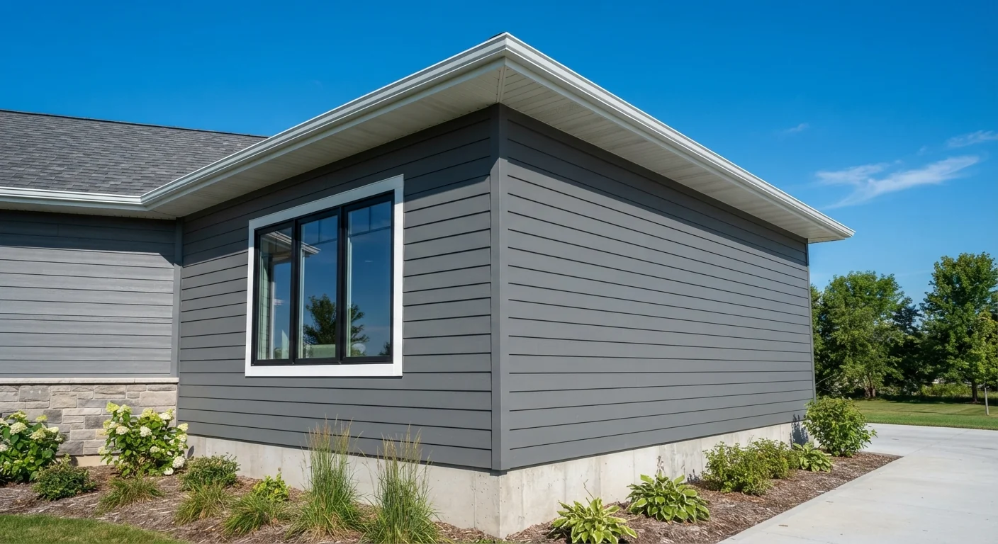 Wide exterior architectural photograph of a house's outer wall corner, visible siding and window trim, clear blue sky background, clean daylight photography emphasizing the solid, continuous nature of the exterior structural wall.