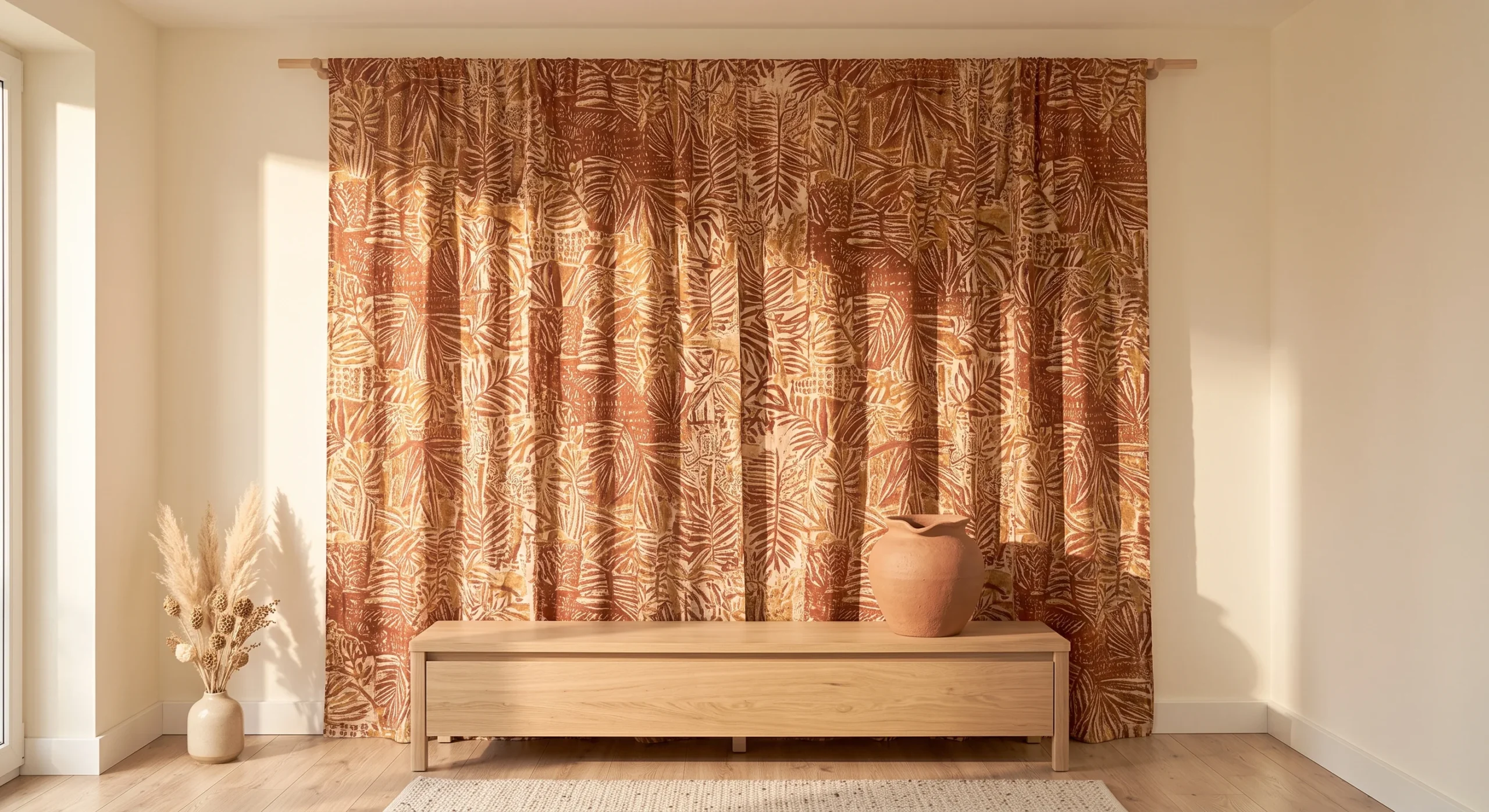 A large printed cotton fabric panel hanging from a slim wood dowel on a living room wall, warm rust and cream pattern, natural side lighting, a low console table beneath it with a single ceramic object, wide angle showing full panel scale.