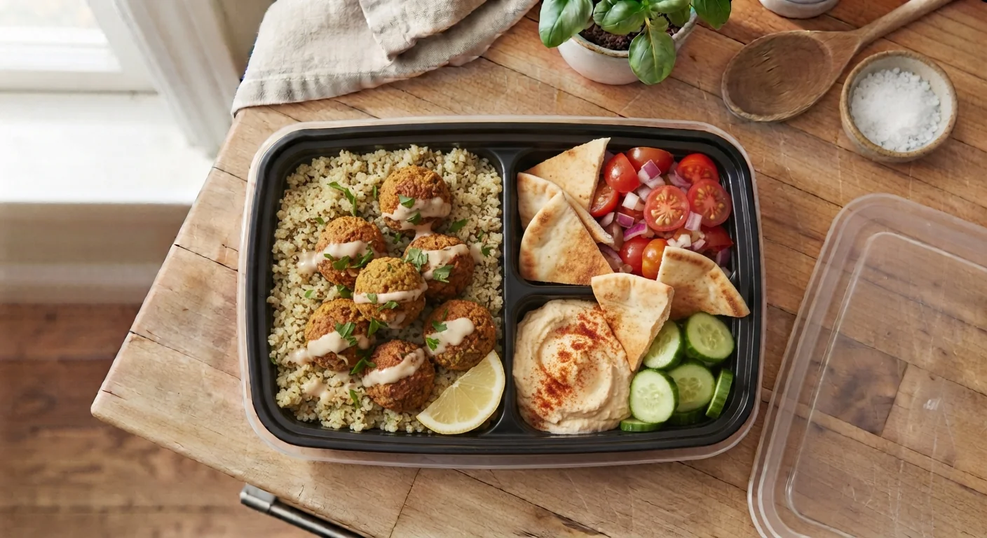 Overhead shot of a Mediterranean falafel bowl with crispy baked falafel, hummus, cucumber, tomato, and pita pieces arranged in sections, natural daylight, fresh vegetarian homestyle food photography composition.