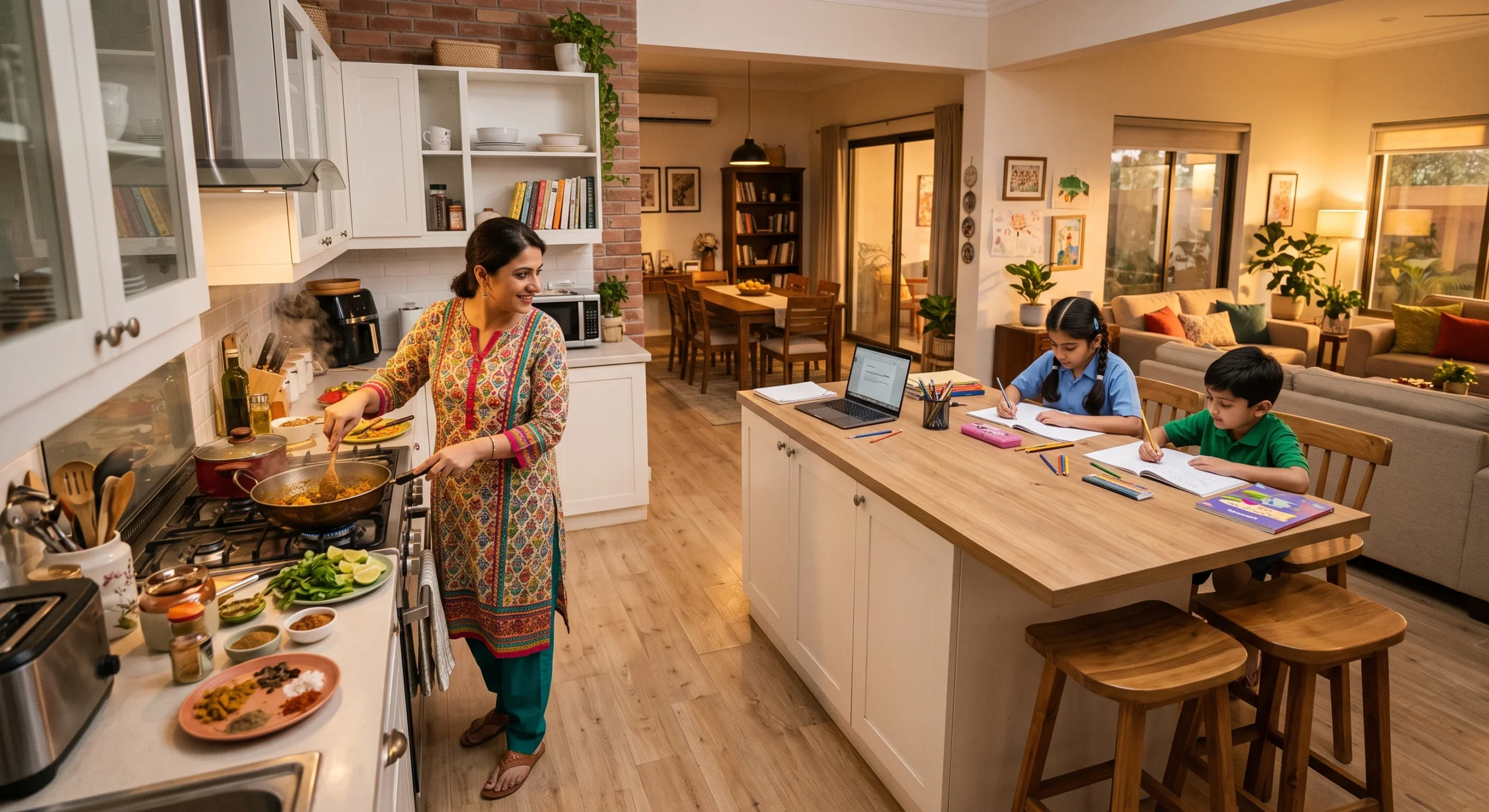 A family scene in an open floor plan with a parent cooking while children do homework at a nearby kitchen island, warm evening light, wide shot capturing the connected sightline between cooking and homework zones.