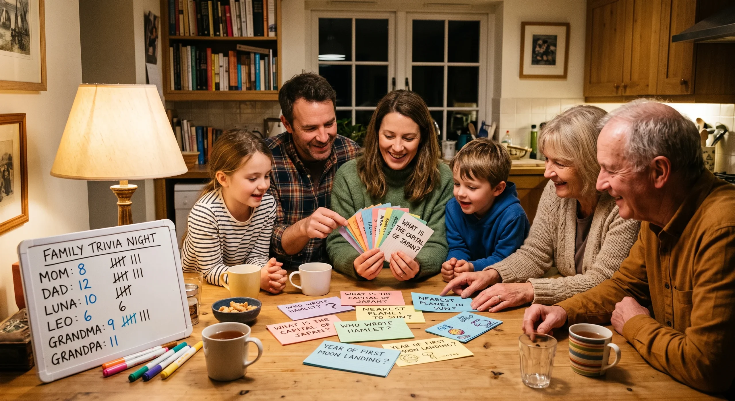 A family gathered around a kitchen table with handwritten trivia question cards fanned out, a small whiteboard scorekeeper nearby, warm evening lamp light, wide shot capturing the group leaning in over the cards.