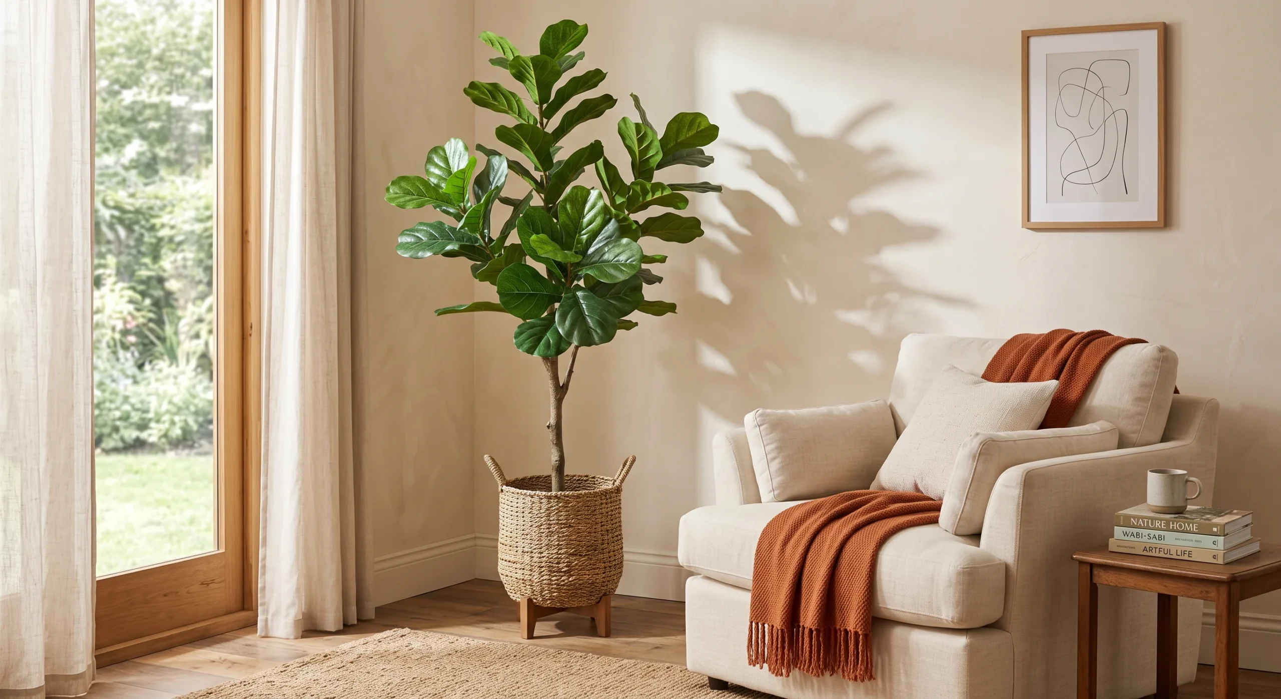 A tall faux fiddle leaf fig in a woven basket planter positioned in a living room corner beside a cream armchair, soft natural window light casting leaf shadows on the wall, warm minimal styling, slightly low eye-level camera angle.