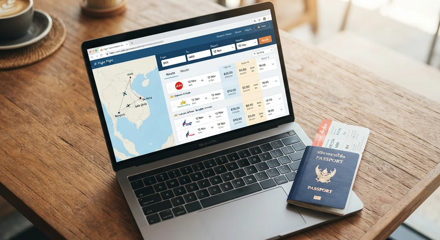 Overhead shot of a laptop screen showing a flight booking comparison site with a Southeast Asia route map, a passport and boarding pass resting beside the keyboard, soft cafe lighting, shallow depth of field, neutral editorial composition.