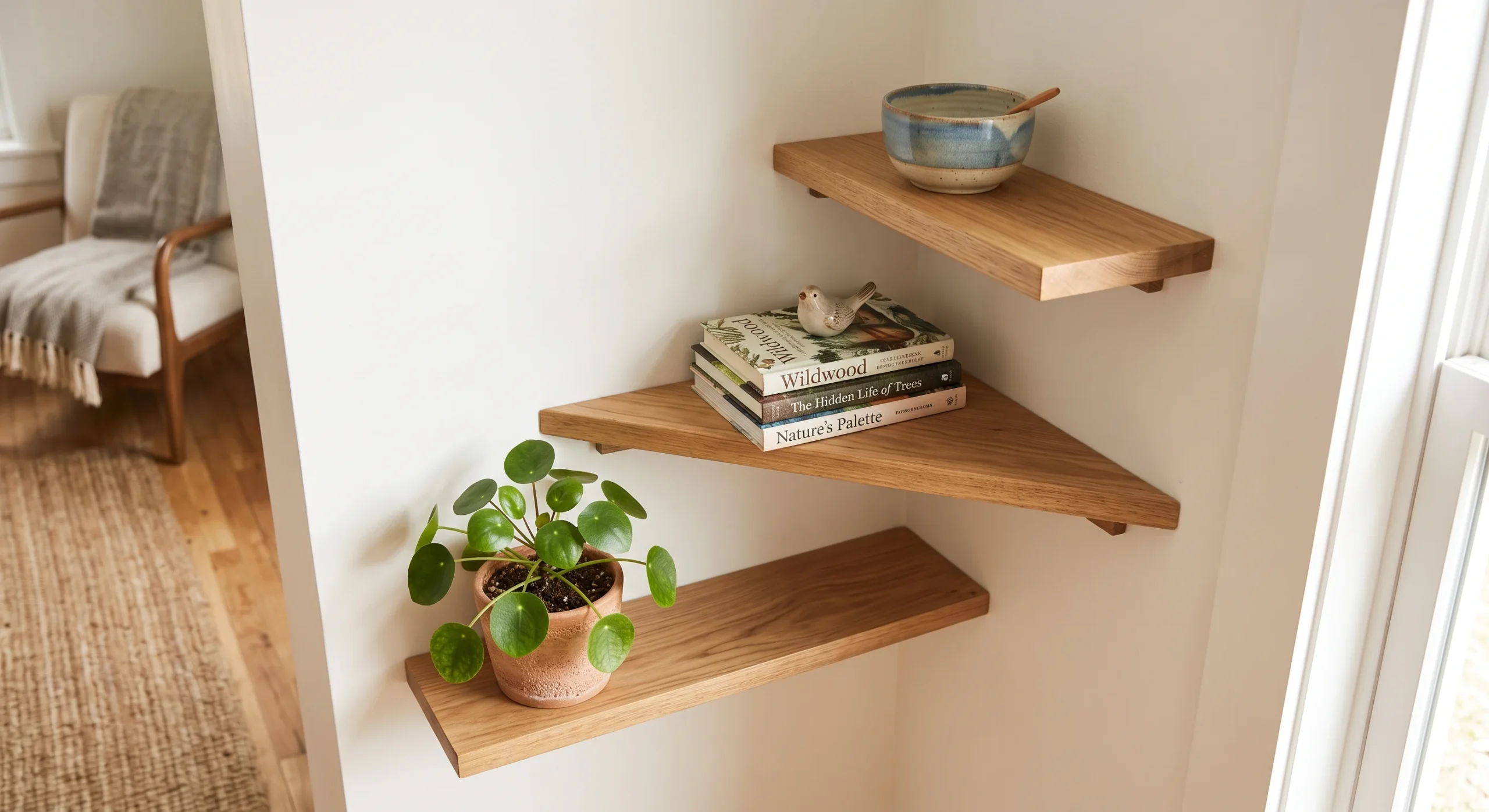 Three staggered floating corner shelves mounted diagonally in a room corner, styled with a small plant, a stack of books, and a ceramic bowl, soft natural light, close angled shot emphasizing the shelves' diagonal placement.