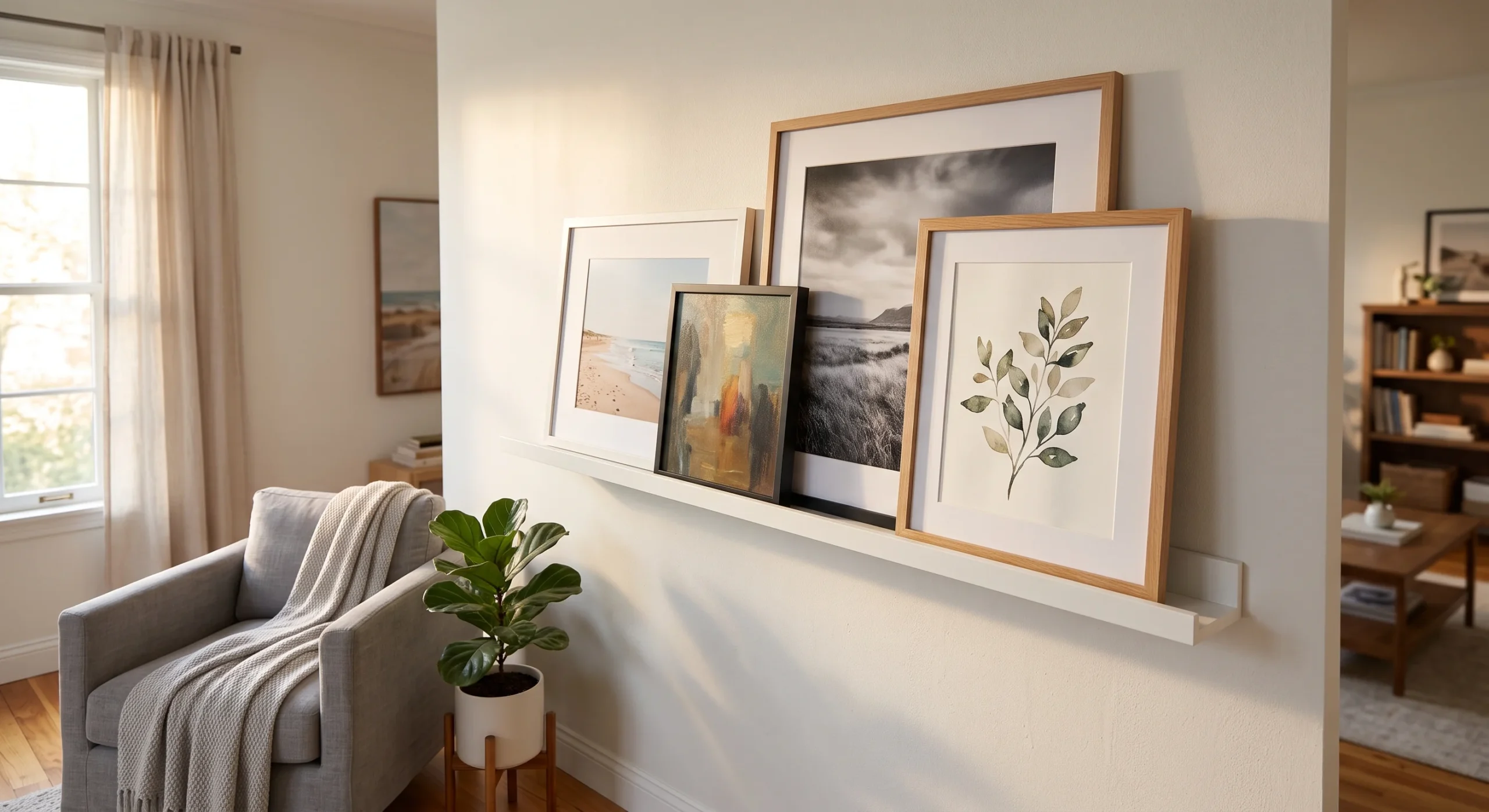 A slim white ledge mounted higher on a living room wall holding four overlapping frames of varying sizes, warm late-afternoon light, medium shot showing the layered depth between front and back frames on the ledge.