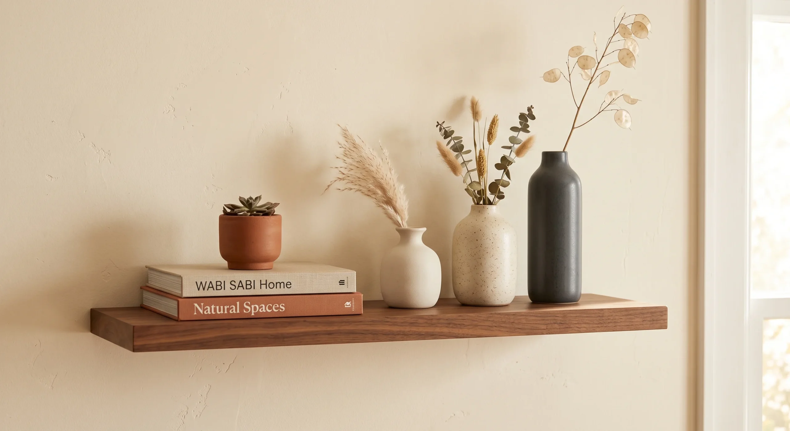 A single walnut floating shelf on a cream living room wall styled with three ceramic vases of varying heights, a small terracotta planter, and two stacked hardcover books, warm natural side lighting, minimal negative space around objects, eye-level camera angle.