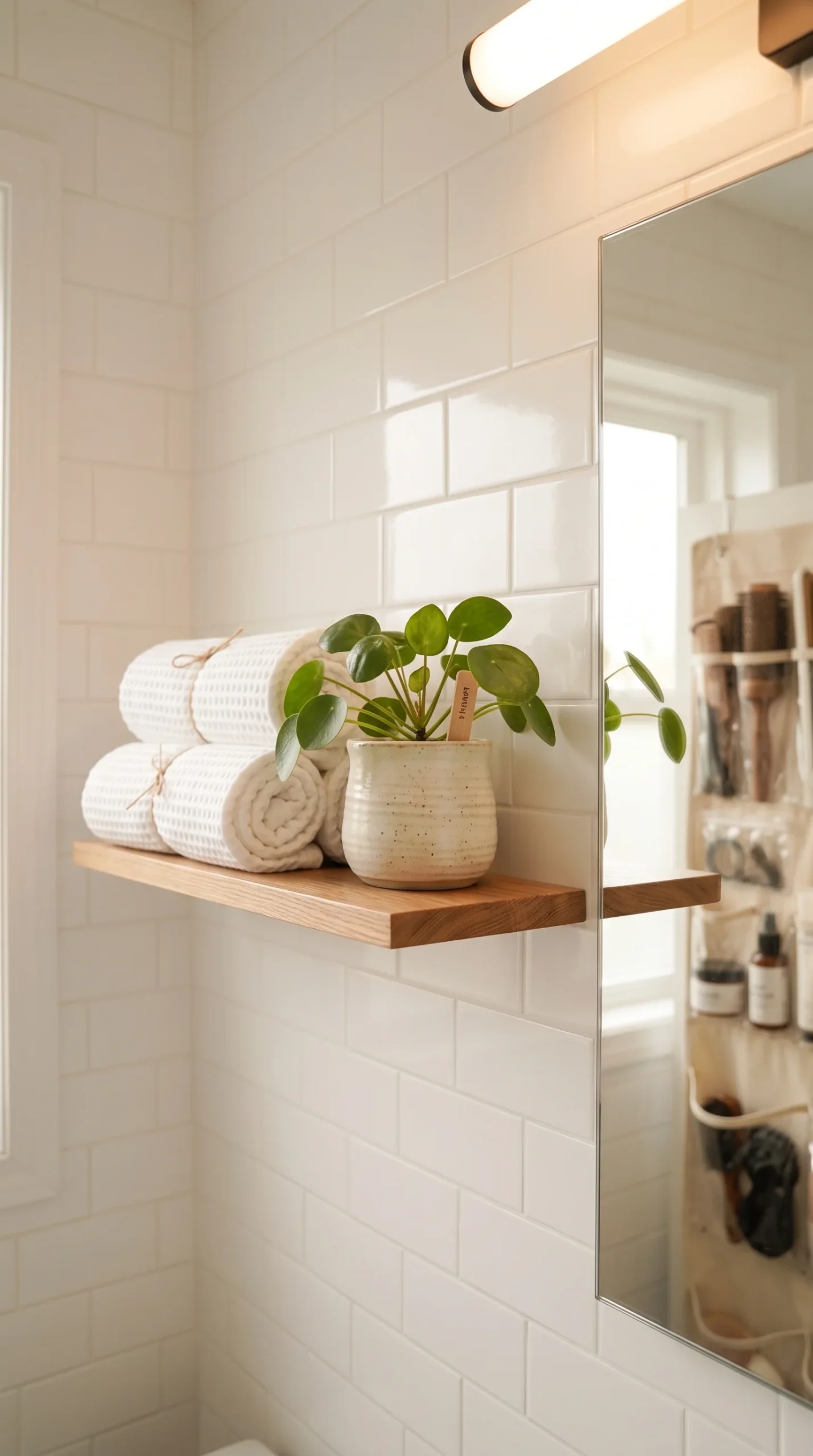A slim floating wood shelf mounted beside a bathroom mirror, holding rolled towels and a small potted plant, soft natural light, close side-angle shot emphasizing the shelf's minimal wall-mounted depth.