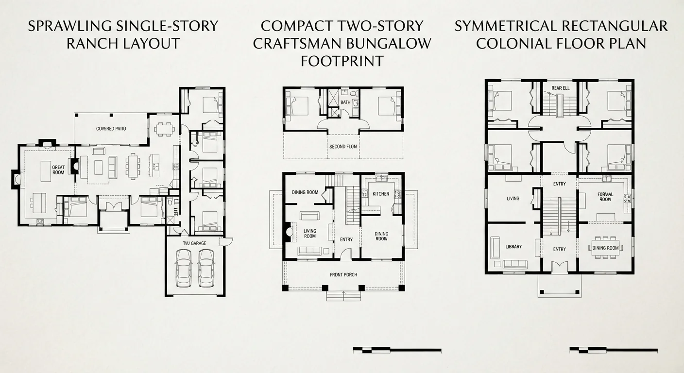 Overhead architectural floor plan comparison showing three distinct footprints: a sprawling single-story ranch layout, a compact two-story Craftsman bungalow footprint, and a symmetrical rectangular Colonial floor plan, clean technical line-drawing style, neutral background.