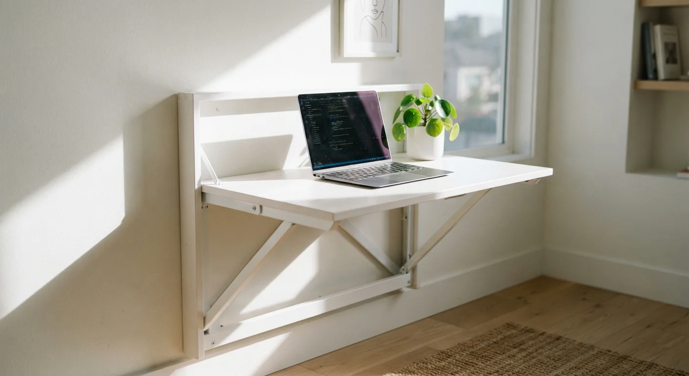 Eye-level shot of a fold-down wall desk in the open position, laptop and a small plant on the surface, bright midday sun casting clean shadows across the minimal white wall mount.