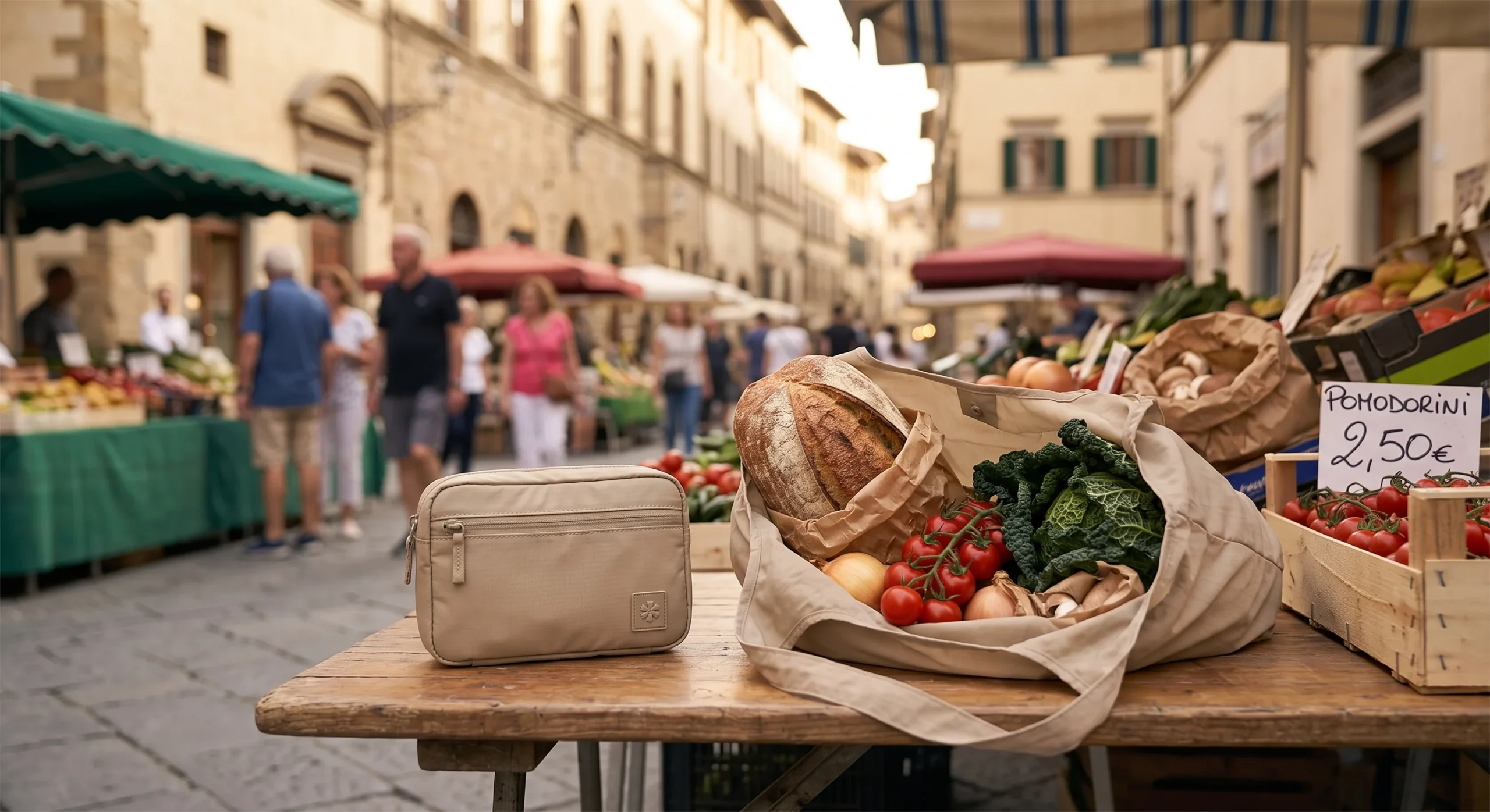 A packable nylon tote bag folded into a small pouch beside an unfolded version holding a loaf of bread and produce, soft market daylight, casual European outdoor market backdrop, practical lifestyle composition.