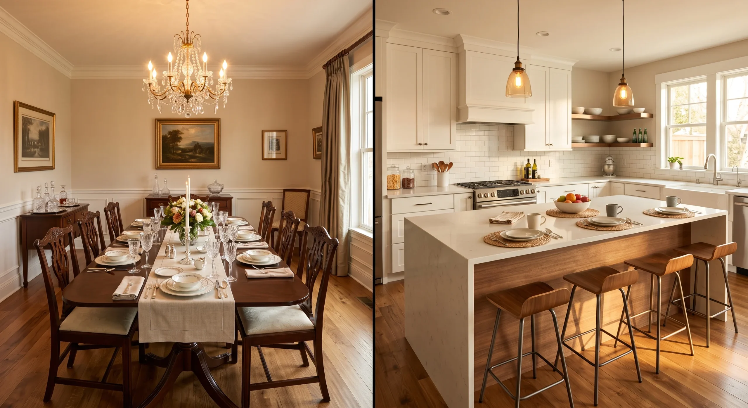 A split visual composition showing a formal traditional dining room with a set table on one side and a casual open-plan kitchen island with bar stools on the other, warm light unifying both scenes, wide comparative shot.