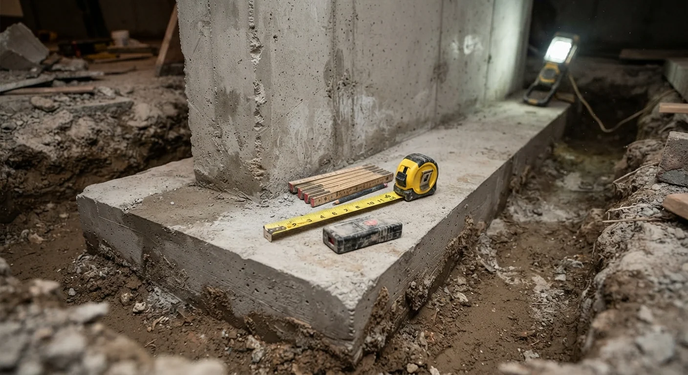 Close-up shot of a poured concrete foundation footing beneath a basement wall, exposed during a renovation, measuring tools resting nearby, cool gray concrete tones, technical construction site photography composition.