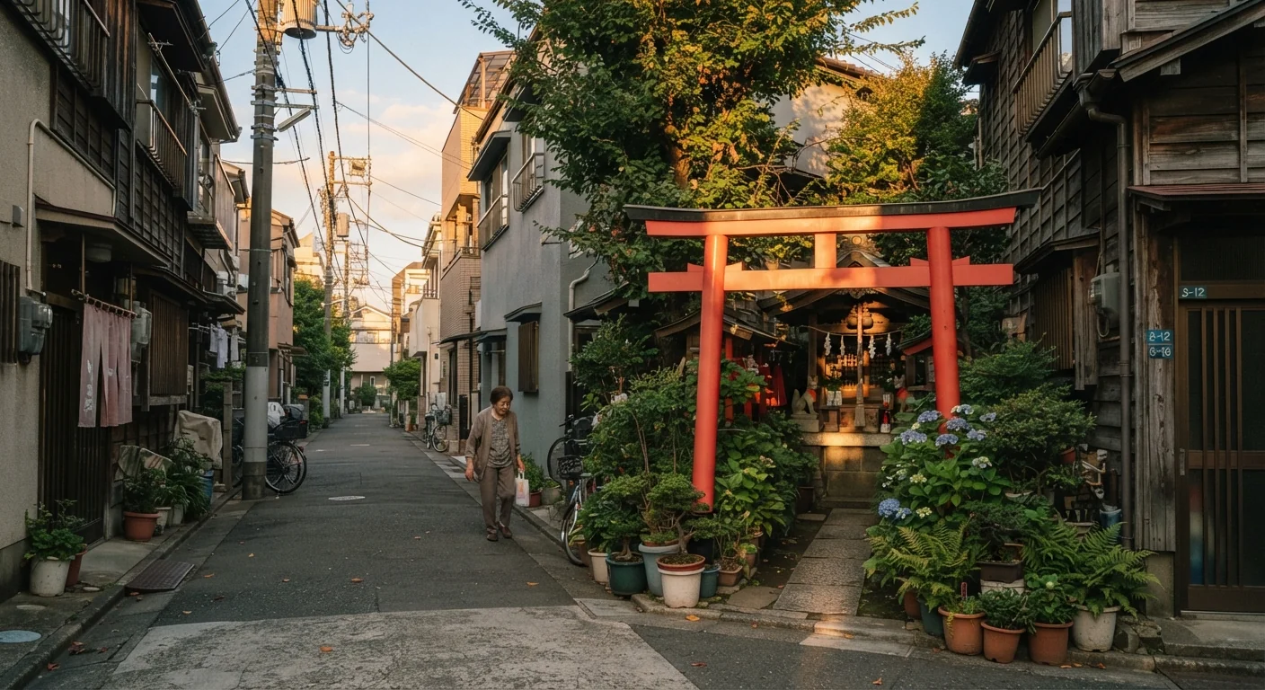 Quiet residential Tokyo street with a small neighborhood shrine tucked between buildings, red torii gate half in shadow, potted plants along the path, soft late-afternoon light, candid street photography composition with no visible tourists.