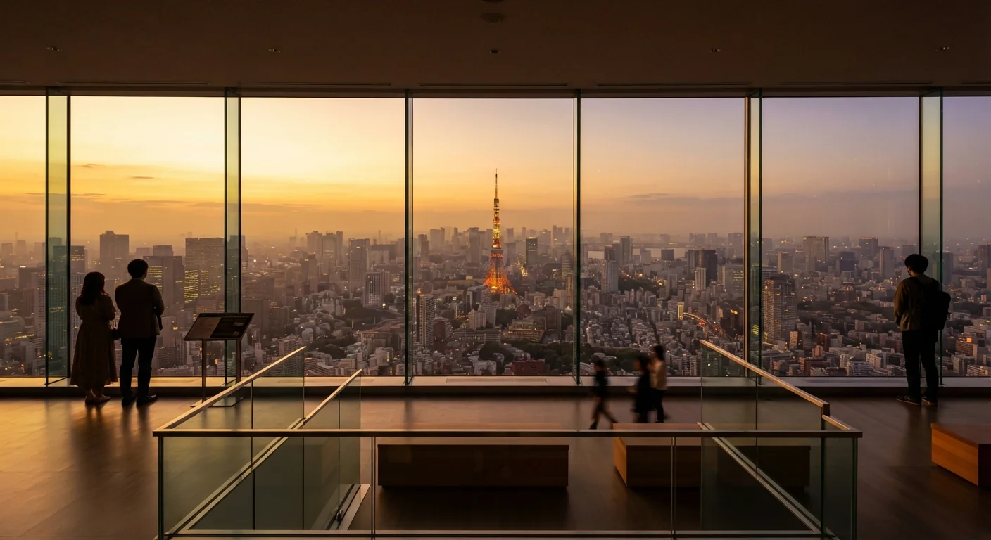 Interior shot from a free observation deck looking out over Tokyo's skyline at golden hour, glass railing in foreground, distant Tokyo Tower visible through haze, warm amber light filling the room, a few visitors silhouetted near the window, wide-angle composition.