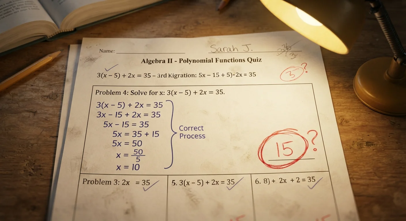 A math worksheet with correct working shown in the margin but a wrong final answer circled, warm desk lamp light, close overhead shot emphasizing the gap between the correct process and the incorrect final number.