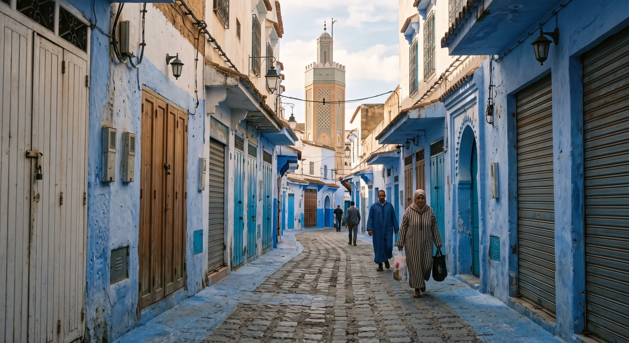 Quiet Moroccan street with shuttered shop fronts at midday, a mosque minaret visible in the background, a few pedestrians walking calmly, soft warm midday light, understated documentary street photography composition.