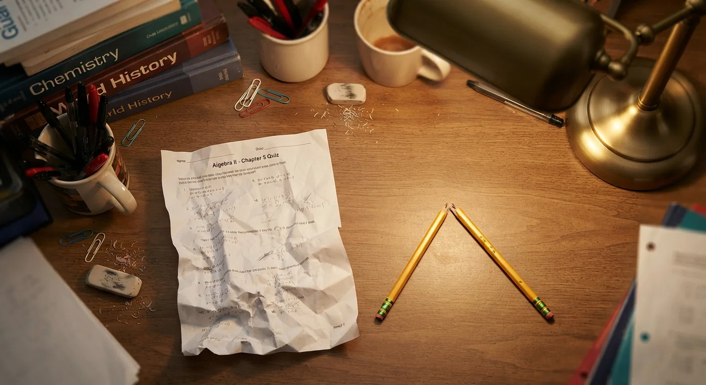 A crumpled worksheet tossed beside a pencil snapped in half on a cluttered desk, warm evening lamp light, close overhead shot emphasizing the visible frustration through the discarded, damaged materials.
