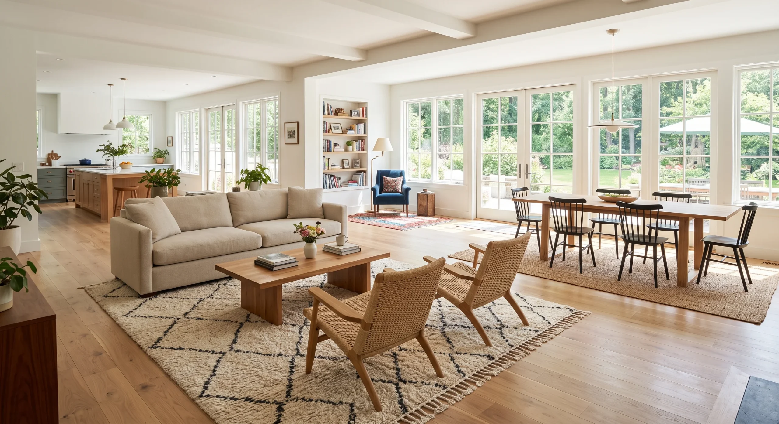 An open floor plan living area with furniture grouped into distinct zones using an area rug, a sofa positioned away from any wall to define the seating area, soft daylight, wide shot emphasizing the freestanding furniture arrangement.