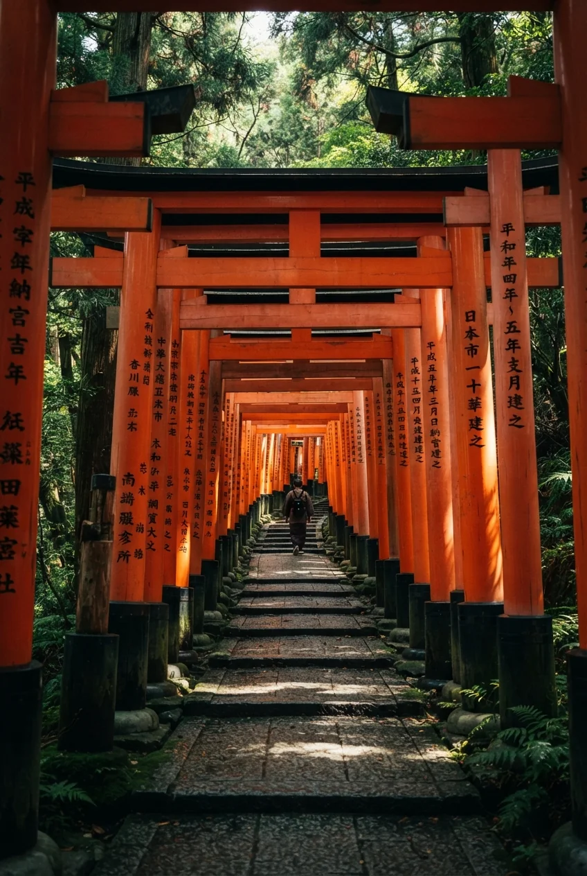 Long tunnel of thousands of vermilion torii gates winding up a forested hillside, dappled sunlight breaking through the gaps, a lone figure walking deep into the path, rich orange-red color saturation, vertical composition emphasizing the gate tunnel's depth.