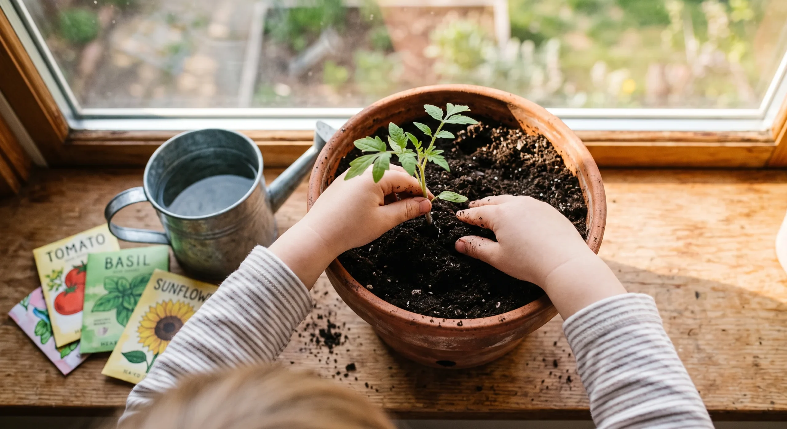 Small hands planting a seedling into a terracotta pot filled with dark soil, a watering can and a few packets of seeds nearby, warm natural window light, close overhead shot emphasizing the soil and the careful planting motion.