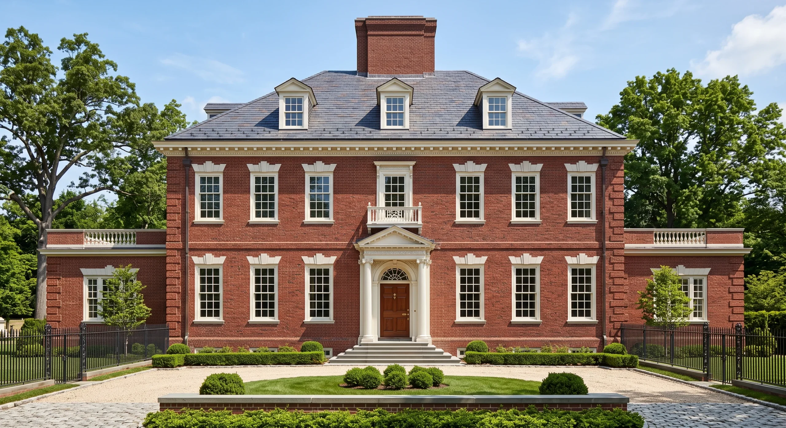 A formal red brick Georgian home with strict symmetry, a centered pedimented doorway, white-painted window trim in even rows, a hipped roof with dentil molding along the cornice, crisp midday light, straight-on formal elevation shot.