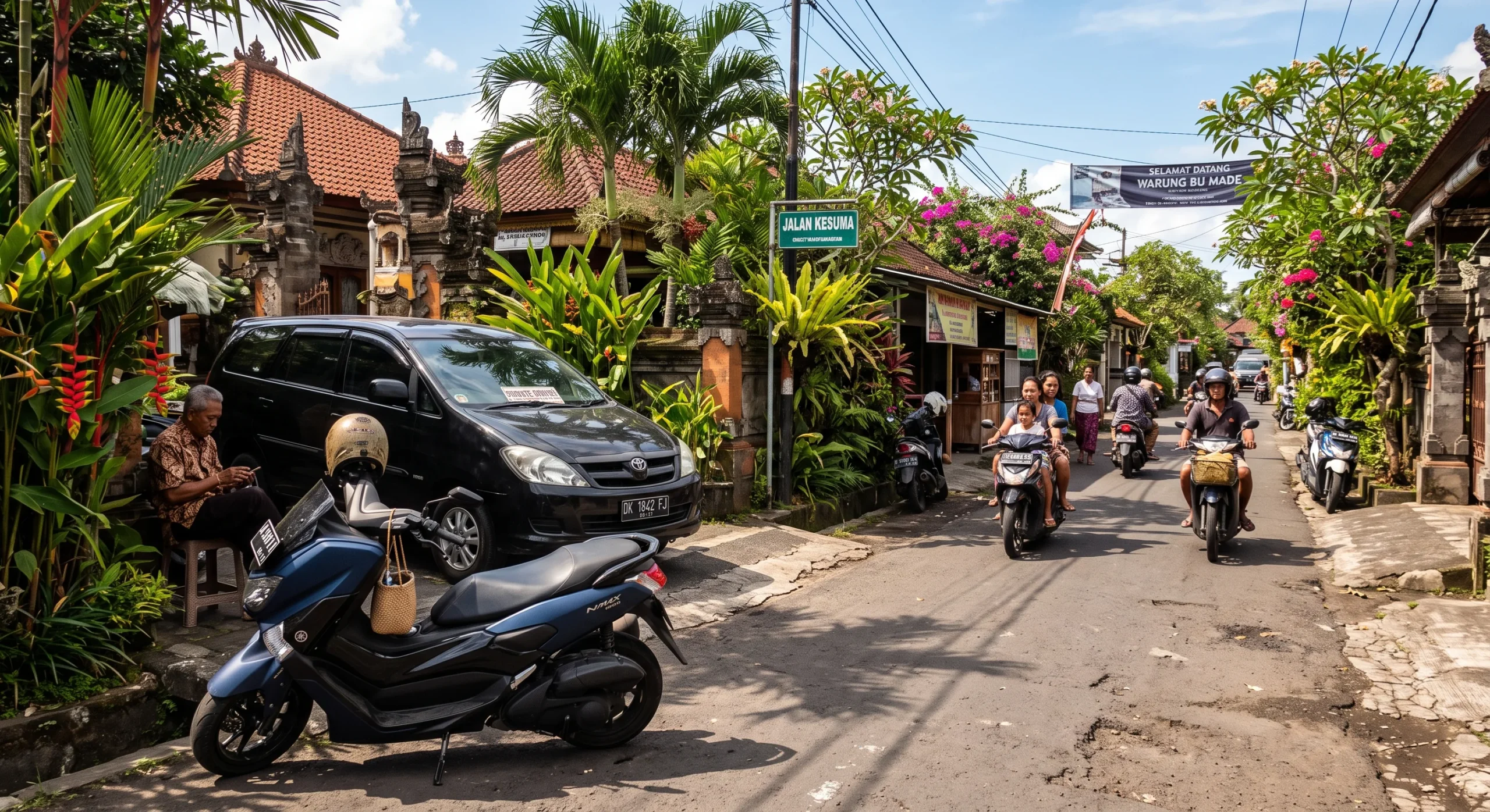 A parked scooter and a private driver's car on a narrow Bali street lined with tropical greenery, warm midday light, motorbikes passing in the background, candid travel-documentary composition capturing everyday local transport.