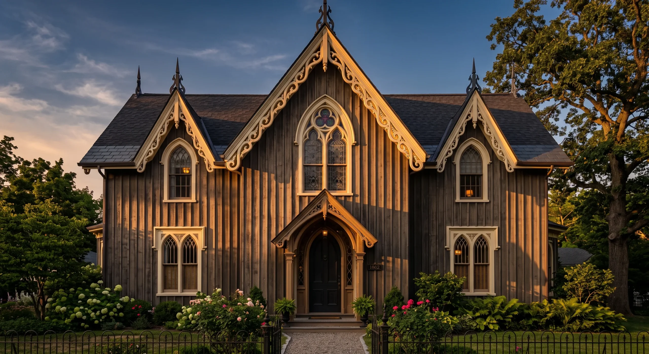 A Gothic Revival home with a steeply pitched central gable featuring an ornate pointed-arch window, decorative vergeboard trim along the roof edge, board-and-batten vertical siding, dramatic late-afternoon light, straight-on shot emphasizing the pointed gable.